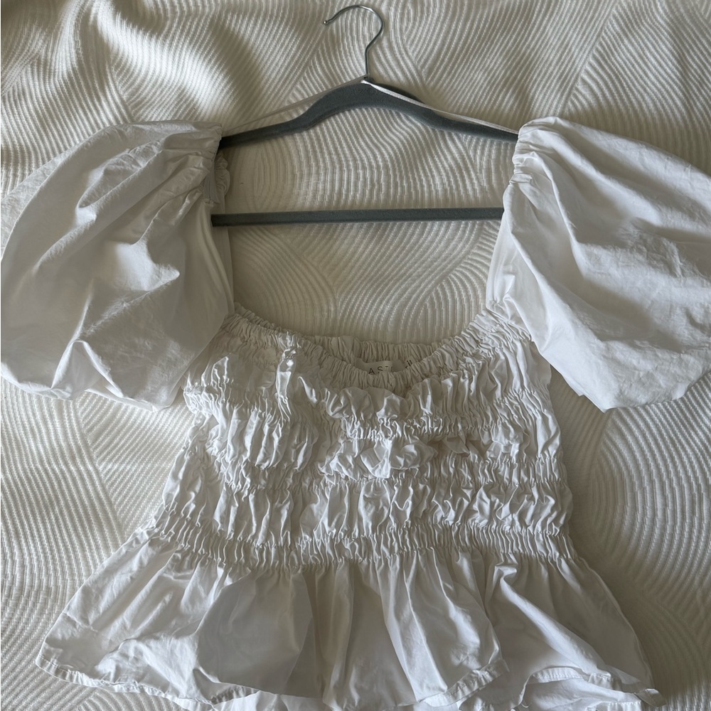 Astr White Smocked Ruffled Peplum Blouse